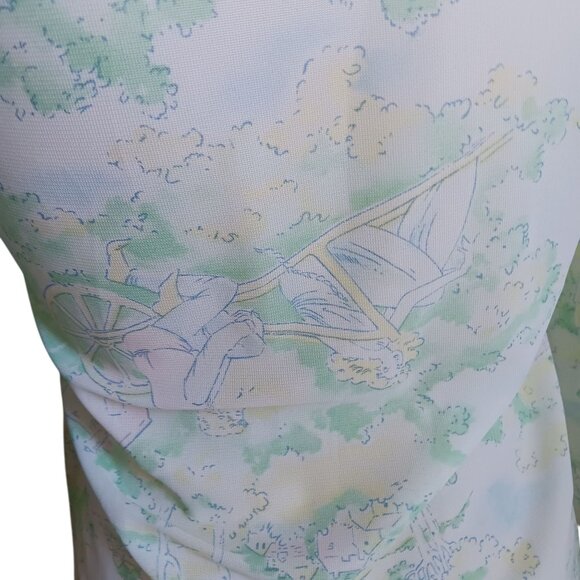 Small 32 Vintage 70's Sheer Nylon Disco Shirt Blouse Scenic Country Print Green - Picture 9 of 10